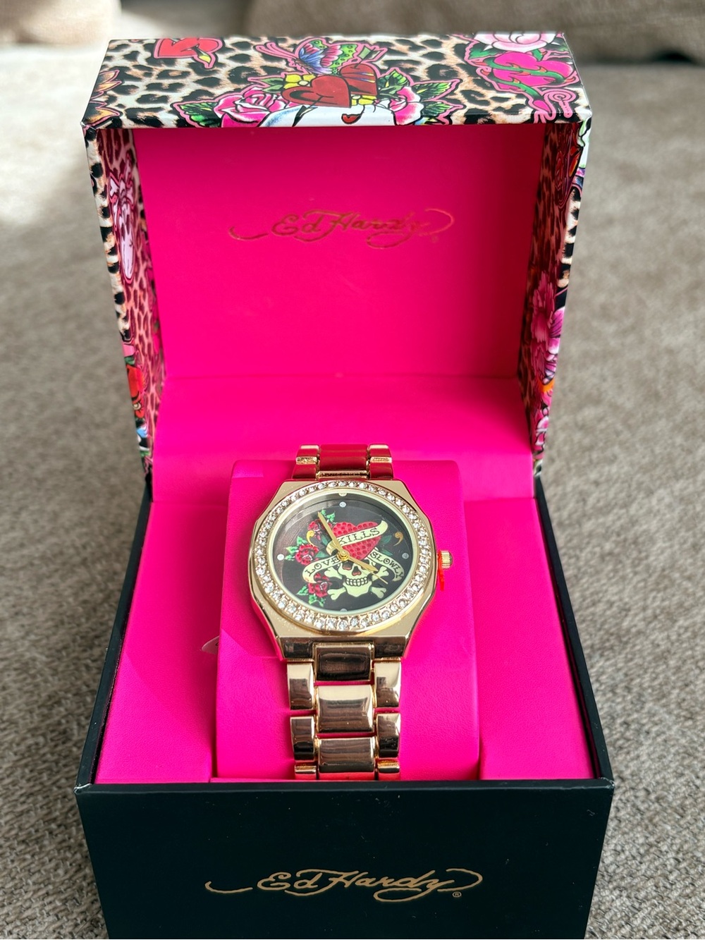 Ed Hardy Gold-Tone Women's Watch with Black Dial & Pink Accents